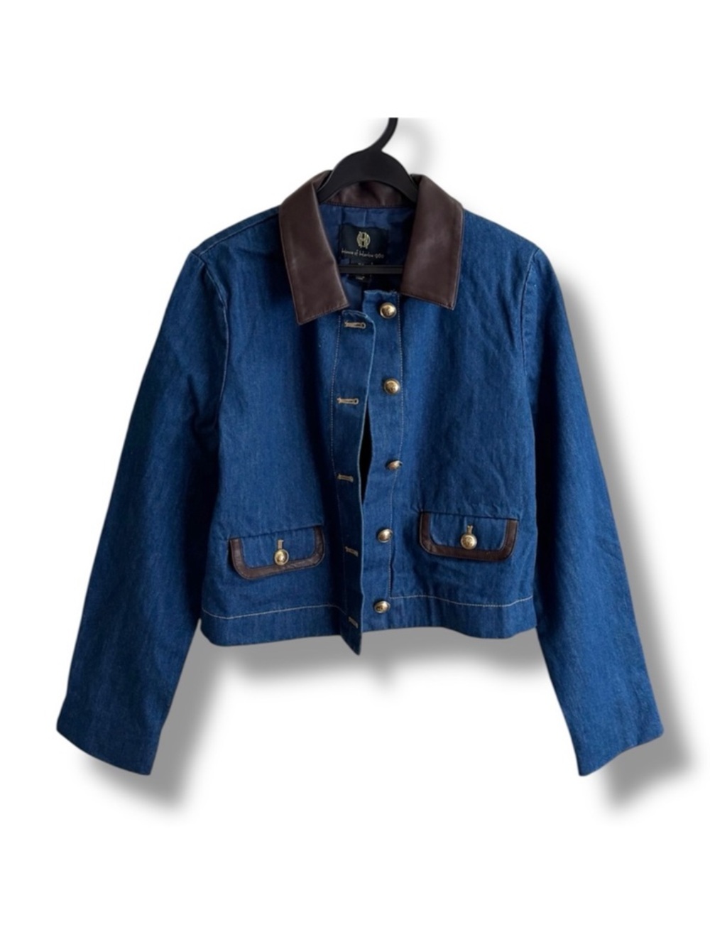 House of Harlow 1960 Denim Jacket with Gold Buttons Faux Leather Trim - Picture 8 of 8